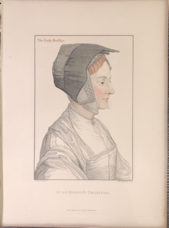 Hans Holbein - Portrait of Lady Berkeley 1812: This stipple engraving is from Portraits of Illustrious Personages of the Court of Henry VIII: Engraved in Imitation of the Original Drawings of Hans Holbein, in the Collection of His Majesty. With a 