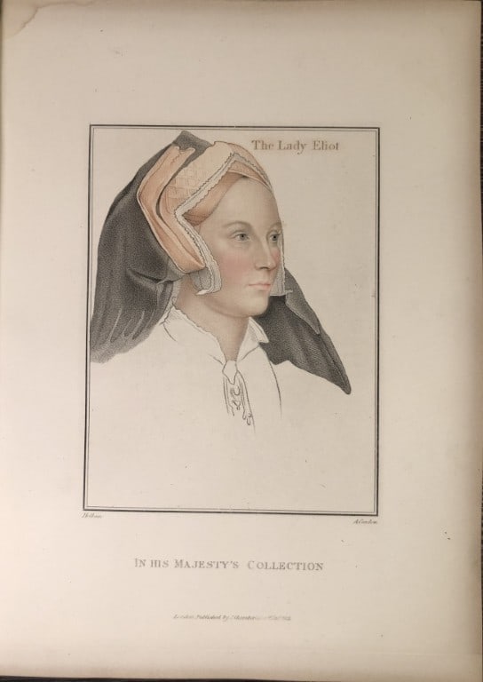 Hans Holbein - Portrait of Lady Elyot 1812: This stipple engraving is from Portraits of Illustrious Personages of the Court of Henry VIII: Engraved in Imitation of the Original Drawings of Hans Holbein, in the Collection of His Majesty. With a 
