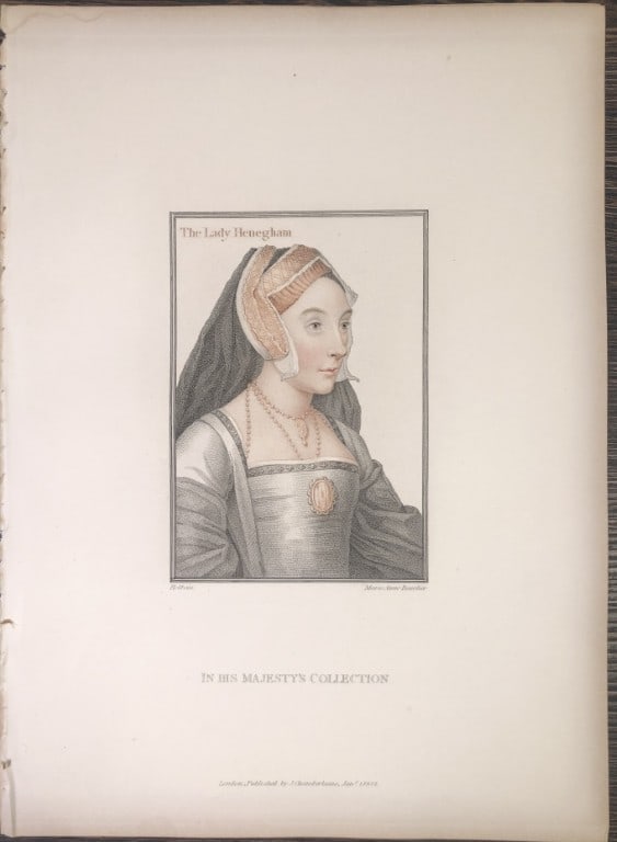Hans Holbein - Portrait of Lady Henegham 1812: This stipple engraving is from Portraits of Illustrious Personages of the Court of Henry VIII: Engraved in Imitation of the Original Drawings of Hans Holbein, in the Collection of His Majesty. With a 