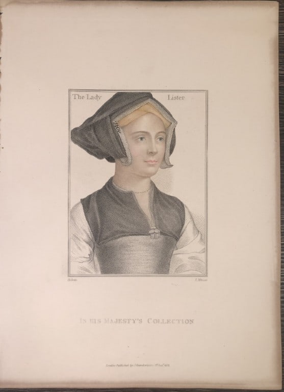 Hans Holbein - Portrait of Lady Lister 1812: This stipple engraving is from Portraits of Illustrious Personages of the Court of Henry VIII: Engraved in Imitation of the Original Drawings of Hans Holbein, in the Collection of His Majesty. With a 