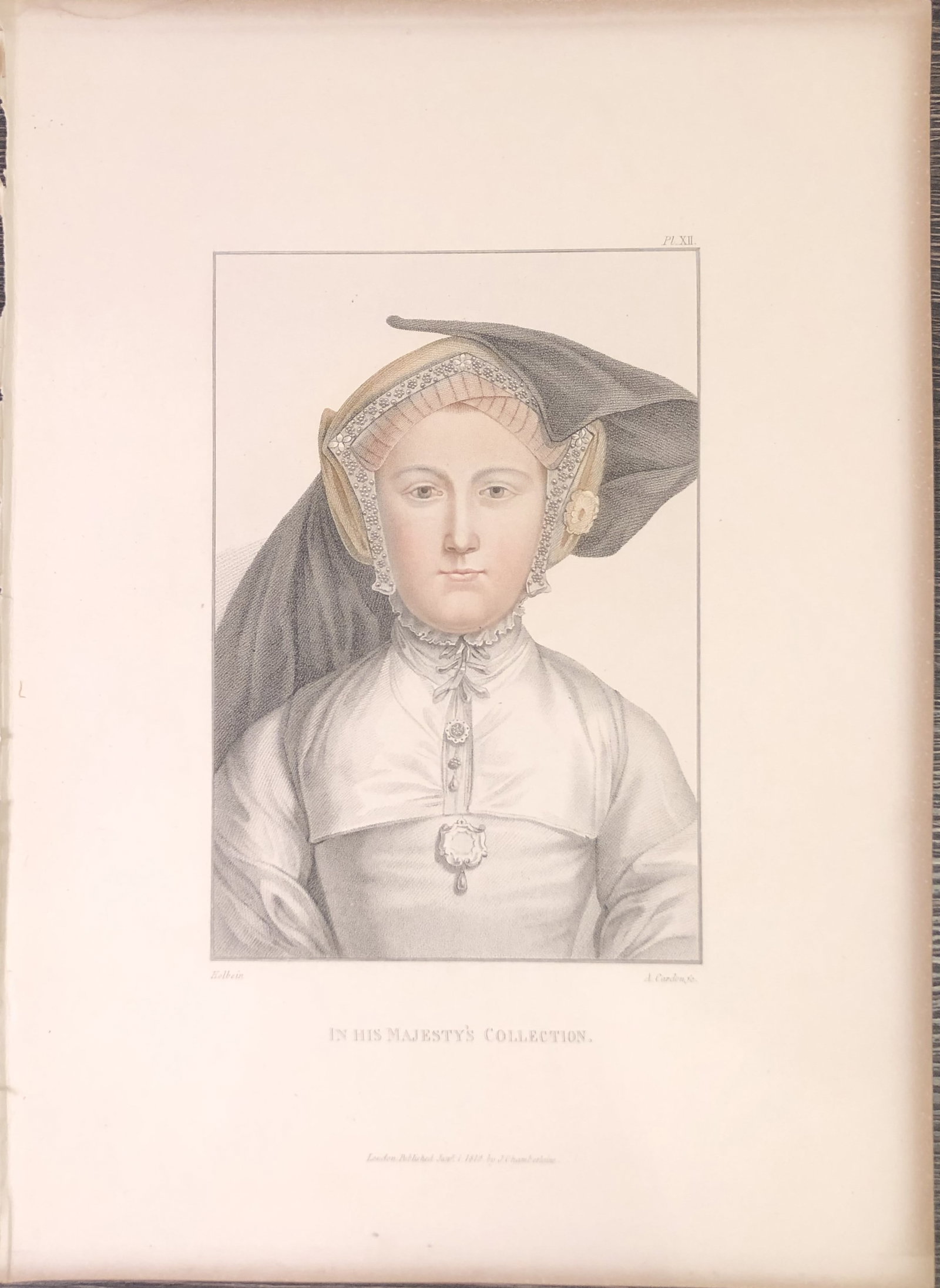 Hans Holbein - Portrait of Unknown Lady 1812: This stipple engraving is from Portraits of Illustrious Personages of the Court of Henry VIII: Engraved in Imitation of the Original Drawings of Hans Holbein, in the Collection of His Majesty. With a 