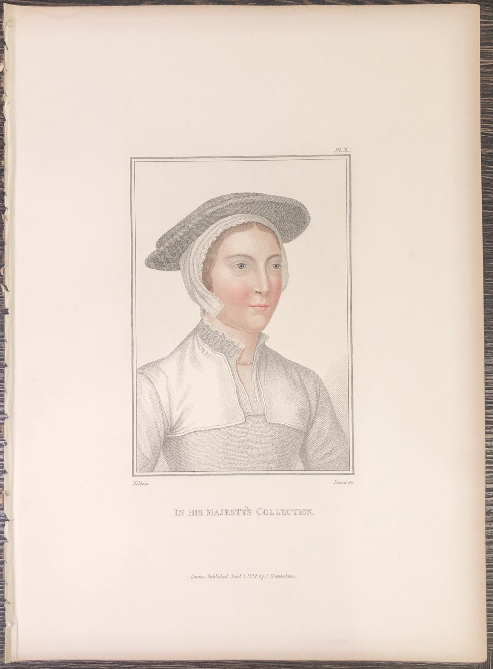 Hans Holbein - Portrait of Unknown Lady 1812: This stipple engraving is from Portraits of Illustrious Personages of the Court of Henry VIII: Engraved in Imitation of the Original Drawings of Hans Holbein, in the Collection of His Majesty. With a 