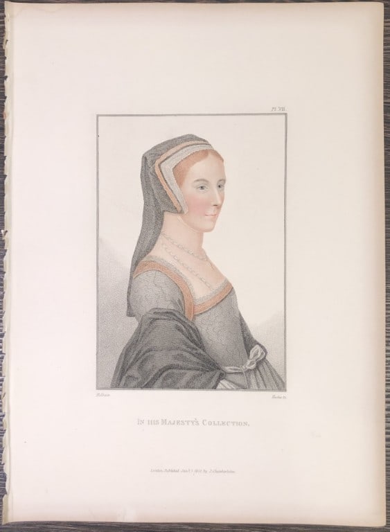 Hans Holbein - Portrait of Unknown Lady 1812: This stipple engraving is from Portraits of Illustrious Personages of the Court of Henry VIII: Engraved in Imitation of the Original Drawings of Hans Holbein, in the Collection of His Majesty. With a 