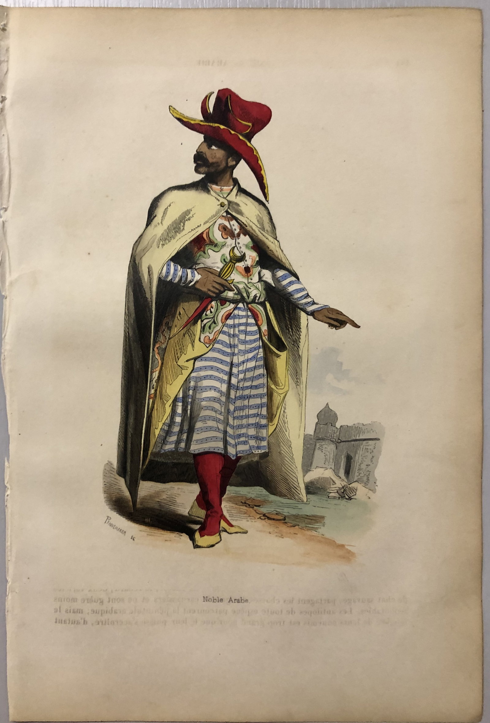 Auguste Wahlen - Woodcut engraving of Arab Nobleman 1843: This hand-coloured woodcut engraving is from the Asian volume of Moeurs, Usages et costumes de tous les peuples du monde, d'apr?s des documents authentiques et les voyages les plus r?cents by Auguste 