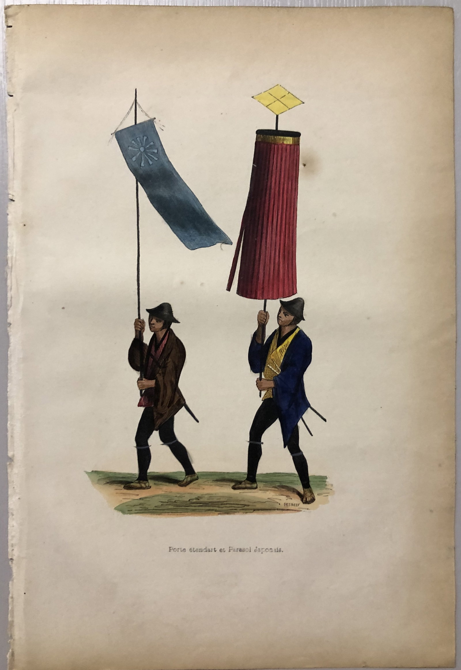 Auguste Wahlen - Woodcut engraving of Japanese Standard Bearer 1843: This hand-coloured woodcut engraving is from the Asian volume of Moeurs, Usages et costumes de tous les peuples du monde, d'apr?s des documents authentiques et les voyages les plus r?cents by Auguste 