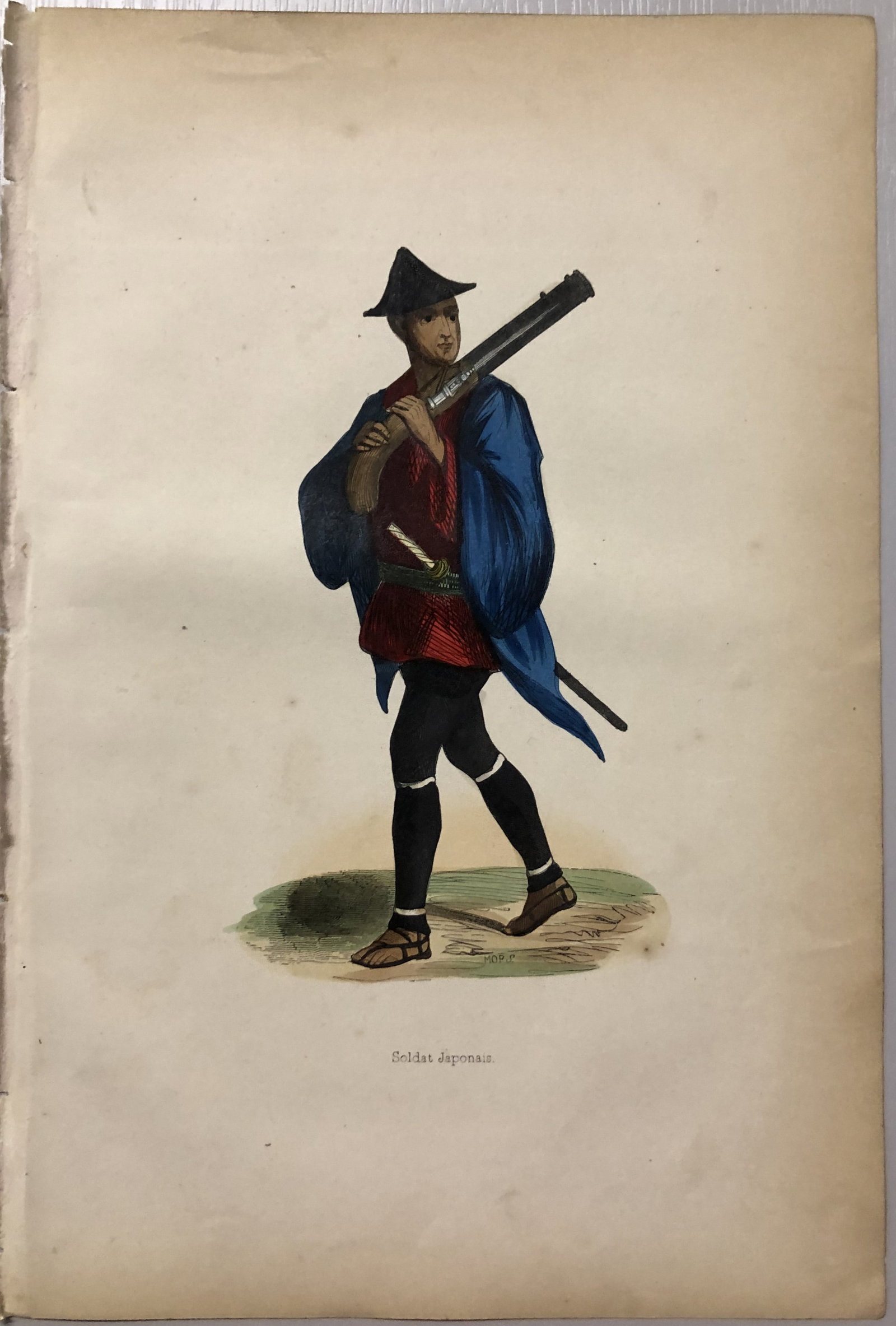 Auguste Wahlen - Woodcut engraving of Japanese Soldier 1843: This hand-coloured woodcut engraving is from the Asian volume of Moeurs, Usages et costumes de tous les peuples du monde, d'apr?s des documents authentiques et les voyages les plus r?cents by Auguste 