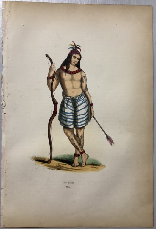 Auguste Wahlen - Woodcut engraving of a Formosan man 1843: This hand-coloured woodcut engraving is from the Asian volume of Moeurs, Usages et costumes de tous les peuples du monde, d'apr?s des documents authentiques et les voyages les plus r?cents by Auguste 
