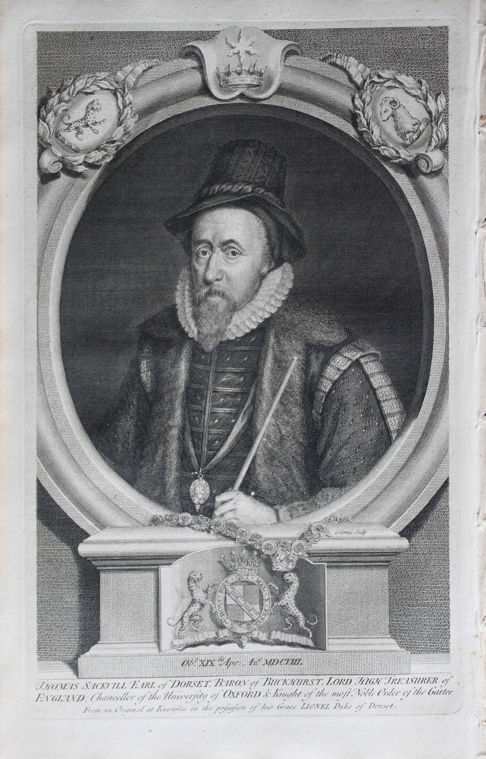 Jacobus Houbraken - Rare engraving of Thomas Sackville, Earl of Dorset 1747: This engraving is from The Heads of Illustrious Persons of Great Britain by Thomas Birch. Printed by John Knapton 1747, London. The engravings were by Jacobus Houbraken and George Vertue after Holbein