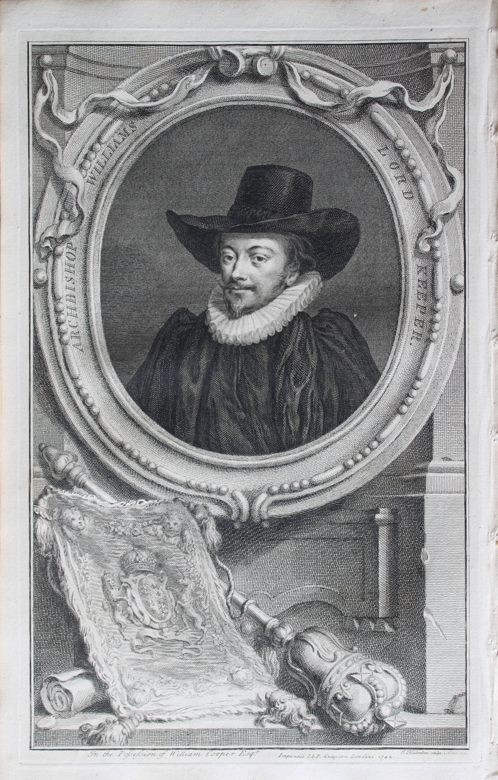 Jacobus Houbraken - Rare engraving of John Williams, Archbishop of York 1747: This engraving is from The Heads of Illustrious Persons of Great Britain by Thomas Birch. Printed by John Knapton 1747, London. The engravings were by Jacobus Houbraken and George Vertue after Holbein