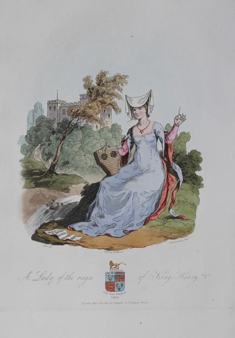 CH Smith - A Lady of the Reign of King Henry V 1814: This hand-coloured aquatint is from Selections of the Ancient Costume of Great Britain and Ireland From the Seventh to the Sixteenth Century by Charles Hamilton Smith. Published in London by William B