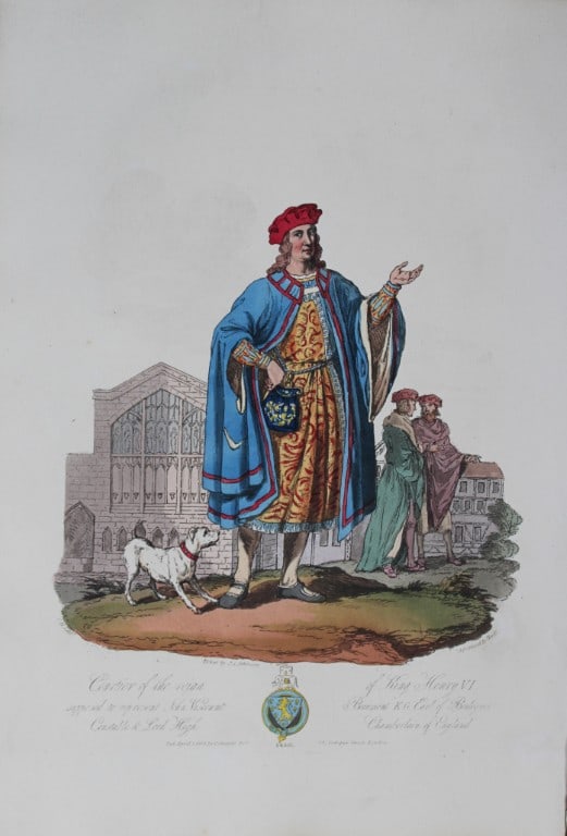 CH Smith - Courtiers of the Reign of King Henry VI 1814: This hand-coloured aquatint is from Selections of the Ancient Costume of Great Britain and Ireland From the Seventh to the Sixteenth Century by Charles Hamilton Smith. Published in London by William B