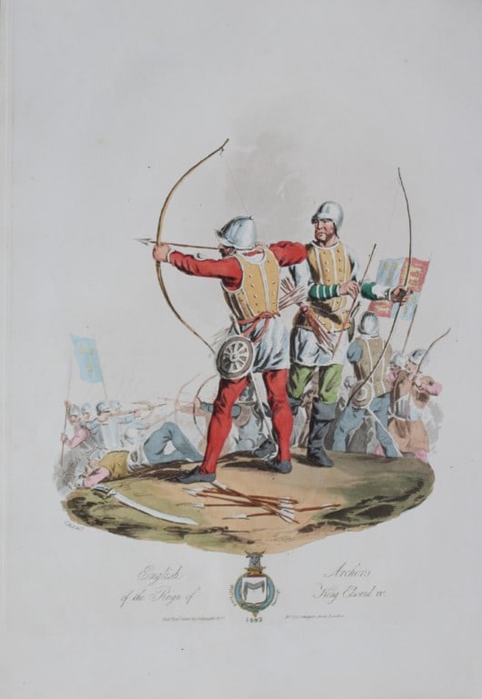 CH Smith - English Archers in the Reign of Edward IV 1814: This hand-coloured aquatint is from Selections of the Ancient Costume of Great Britain and Ireland From the Seventh to the Sixteenth Century by Charles Hamilton Smith. Published in London by William B