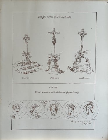 Architectural Drawing - Monuments at Lisieux, France 1871: This rare engraving is from drawings by members of the Architectural Association, London dated c1875.The Architectural Association was founded in 1847 as an alternative to the practice of training you