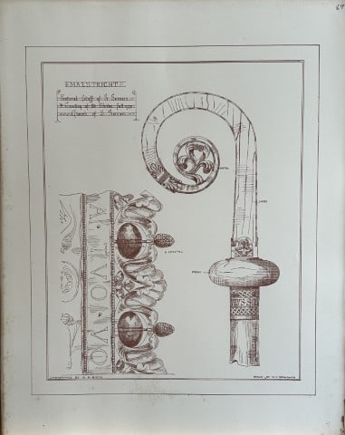 Architectural Drawing - Pastoral Staff of S. Servais 1870: This rare engraving is from drawings by members of the Architectural Association, London dated c1875.The Architectural Association was founded in 1847 as an alternative to the practice of training you