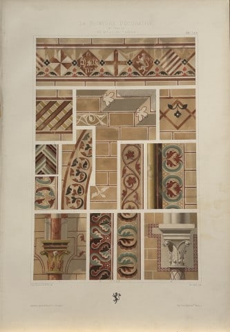 Gelis-Didot and Laffillee - Original decorative lithograph 1875: This lithograph, on a vellum type paper is from La Peinture Decorative en France du XIe au XVIe siecle.? (The decorative painting in France from the 11th to the 16th century). This attractive antique 