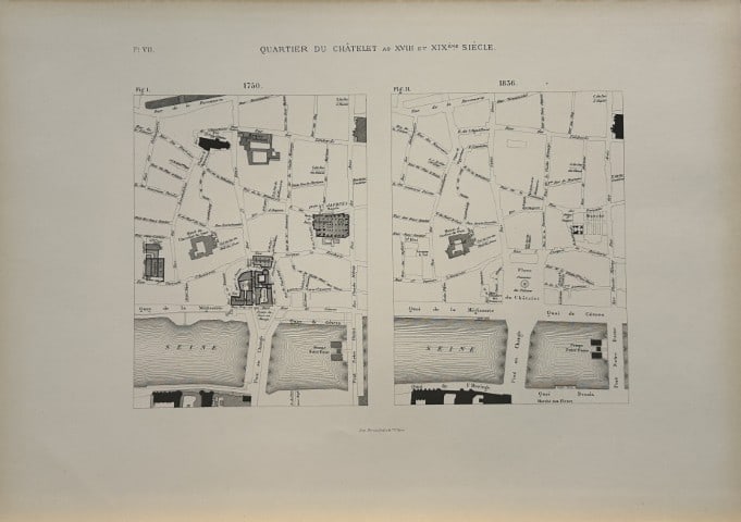 Fedor Hoffbauer - Map of Town Hall Quarter, Paris 1875: This stunning lithograph is from Paris ? travers les ?ges. Aspects successifs des monuments et quartiers historiques de Paris depuis le XIIIe si?cle jusqu?? nos jours. (Paris through the ages. Success