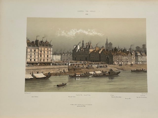 Fedor Hoffbauer - Town Hall, Paris in 18th century, 1875: This stunning lithograph is from Paris ? travers les ?ges. Aspects successifs des monuments et quartiers historiques de Paris depuis le XIIIe si?cle jusqu?? nos jours. (Paris through the ages. Success