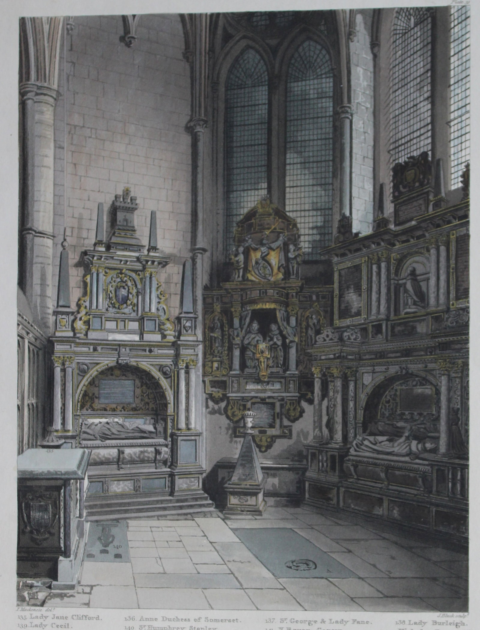 F Mackenzie - St Nicholas Chapel in Westminster Abbey engraved by J Bluck 1812: This aquatint print is from The History of the Abbey Church of St. Peter's Westminster, Its Antiquities and Monuments by Rudolph Ackermann and William Combe, published in London 1812.One of the quinte