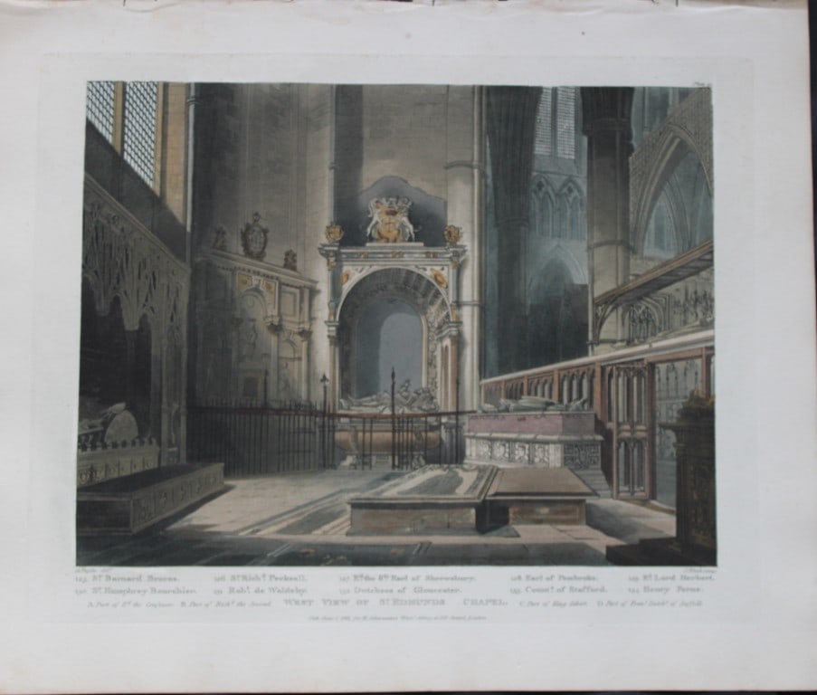 A Pugin - St Edmund's Chapel in Westminster Abbey engraved by J Bluck 1812: This aquatint print is from The History of the Abbey Church of St. Peter's Westminster, Its Antiquities and Monuments by Rudolph Ackermann and William Combe, published in London 1812.One of the quinte