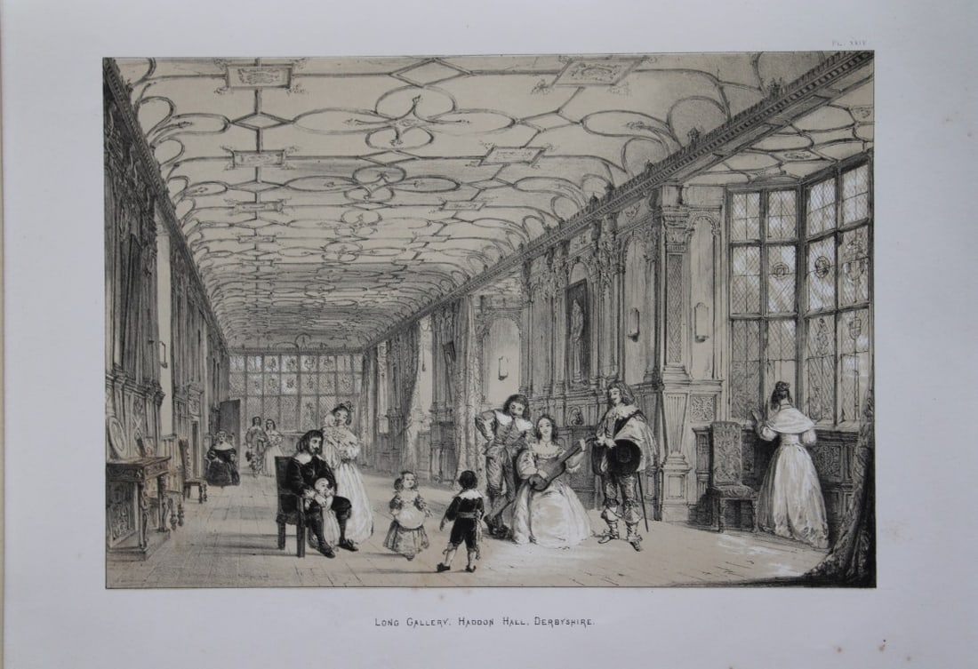 Nash J - Lithograph of Haddon Hall, Derbyshire 1869: This lithograph of The Long Gallery at Haddon Hall, Derbyshire is from The Mansions of England in the Olden Time by Joseph Nash. Printed by M & N Hanhart and published by Henry Sotheran & Co., London,
