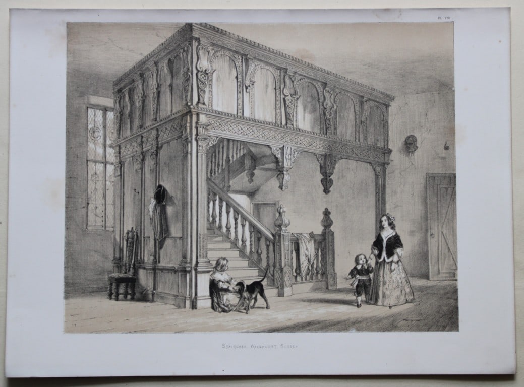Nash J - Lithograph of Wakehurst, Sussex 1869: This lithograph of The Staircase at Wakehurst, Sussex is from The Mansions of England in the Olden Time by Joseph Nash. Printed by M & N Hanhart and published by Henry Sotheran & Co., London, in four 