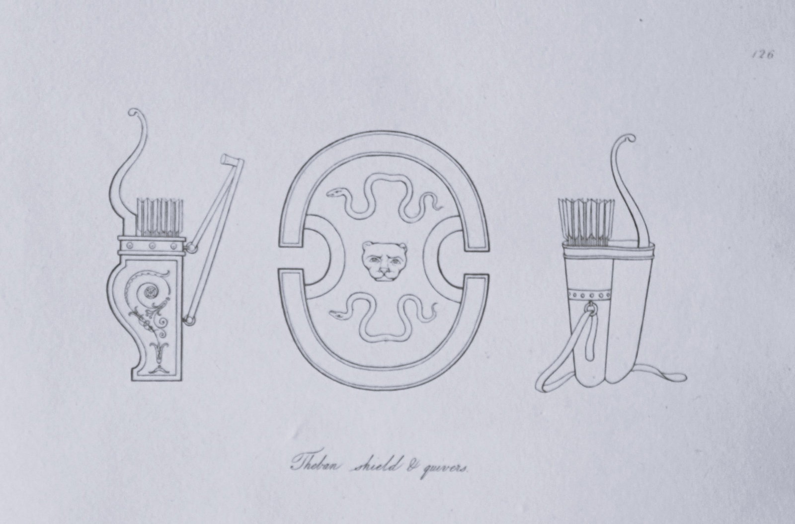 Thomas Hope - Theban shield and quivers 1812: This engraved plate is from Costume of the Ancients by Thomas Hope Printed by W Bulmer and Co, London 1812.Size 11.5in x 9.25in