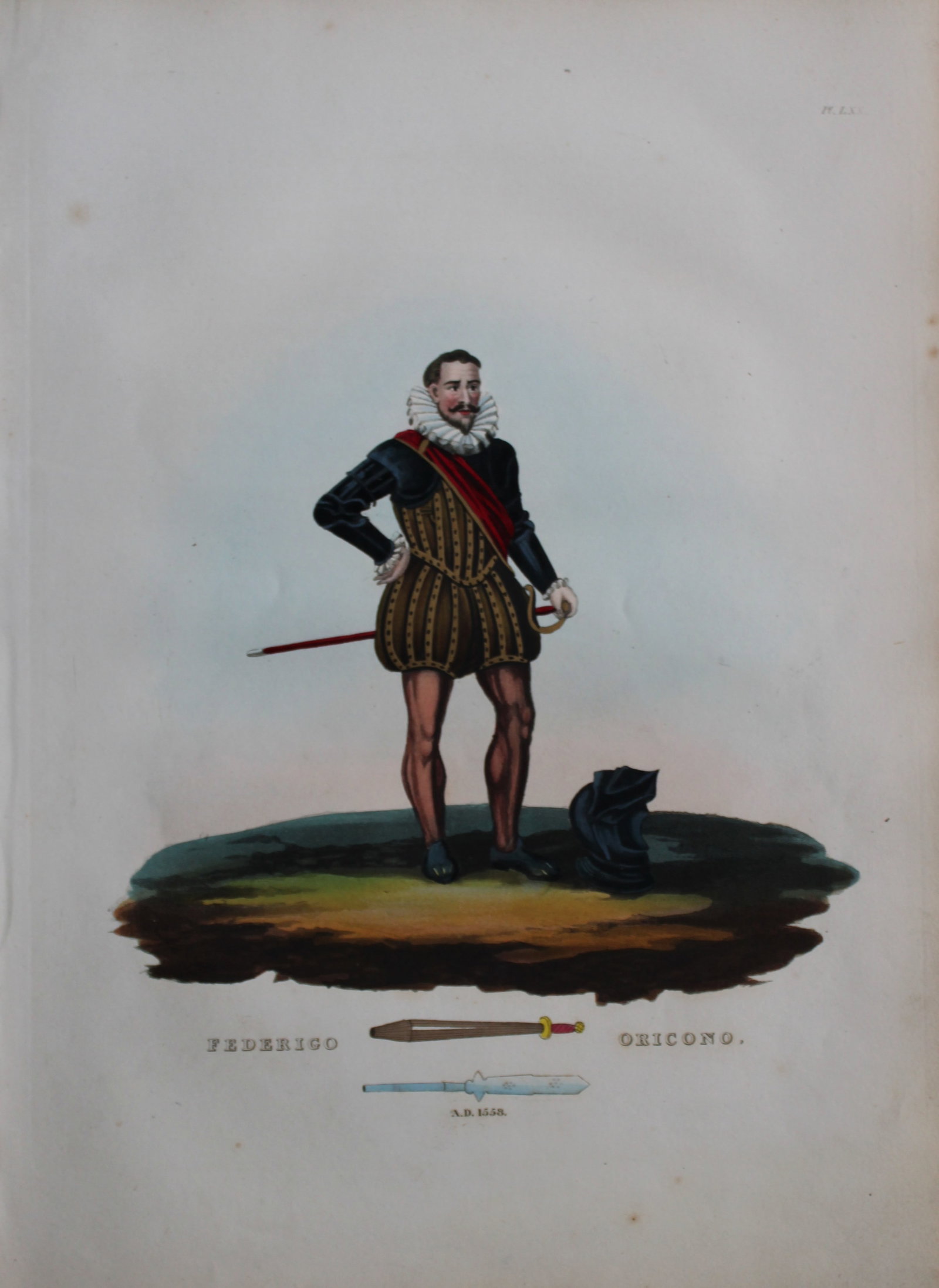 Frederico Oricono by Samuel Meyrick 1842: This superb hand-coloured engraving of Frederico Oricono by Samuel Meyrick 1842 from the 1842 enlarged folio edition of A Critical Inquiry into Antient Armour, as it existed in Europe, particularly in