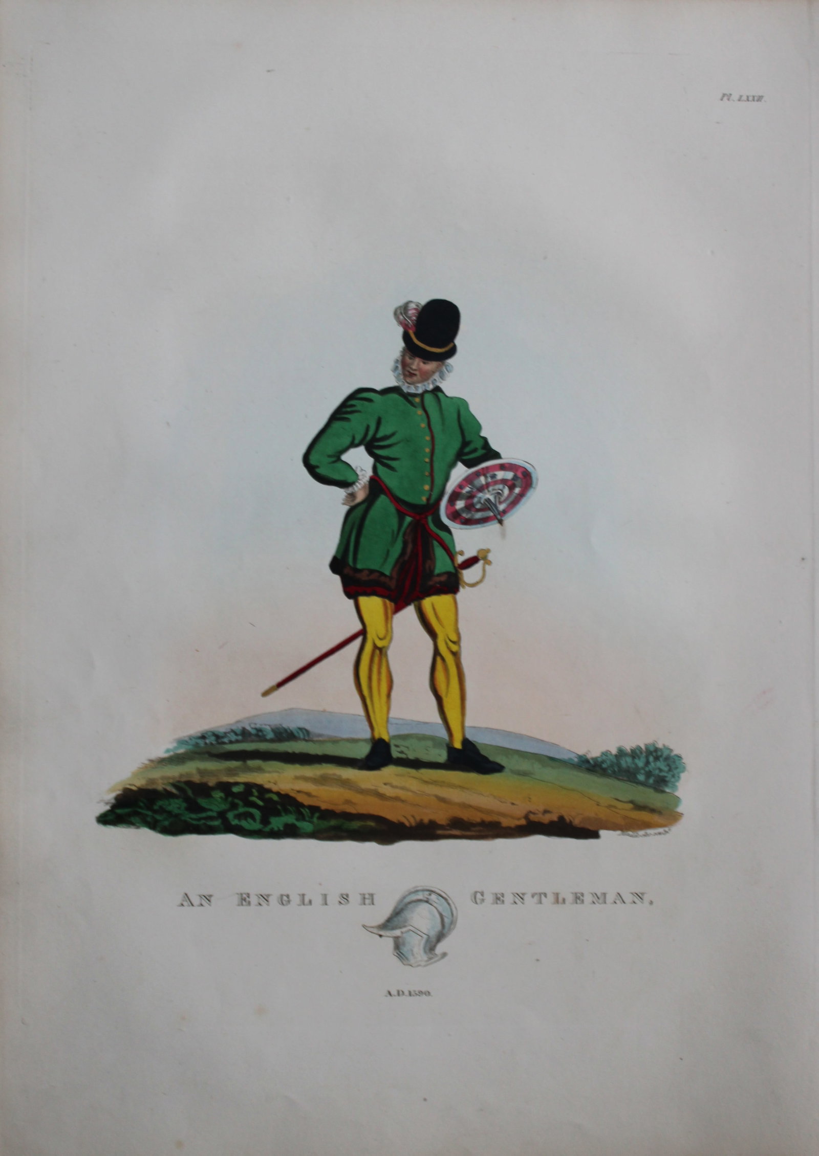 An English Gentleman by Samuel Meyrick 1842: This superb hand-coloured engraving of An English Gentleman by Samuel Meyrick 1842 from the 1842 enlarged folio edition of A Critical Inquiry into Antient Armour, as it existed in Europe, particularly