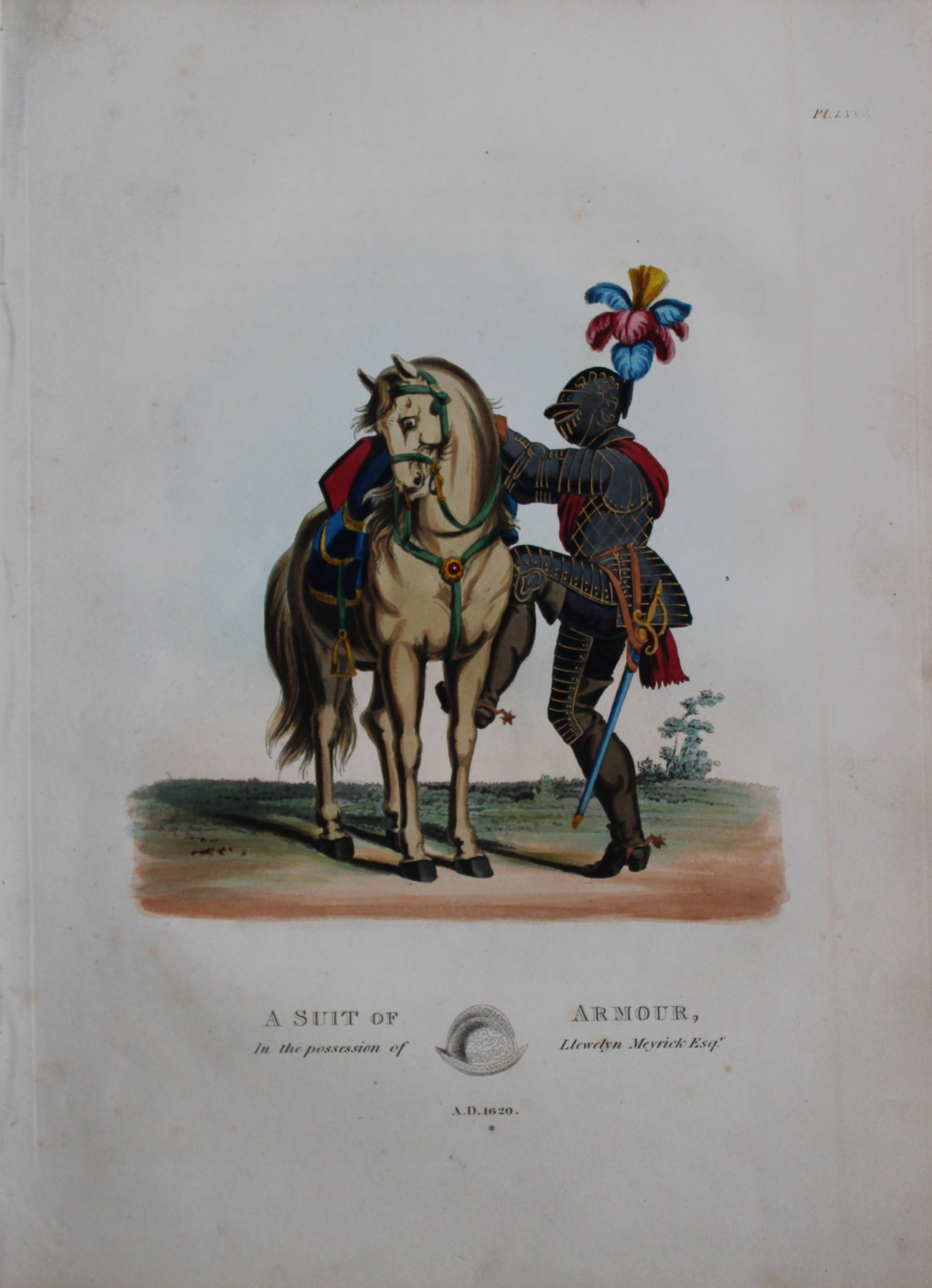A Suit of Armour by Samuel Meyrick 1842: This superb hand-coloured engraving of A Suit of Armour by Samuel Meyrick 1842 from the 1842 enlarged folio edition of A Critical Inquiry into Antient Armour, as it existed in Europe, particularly in 