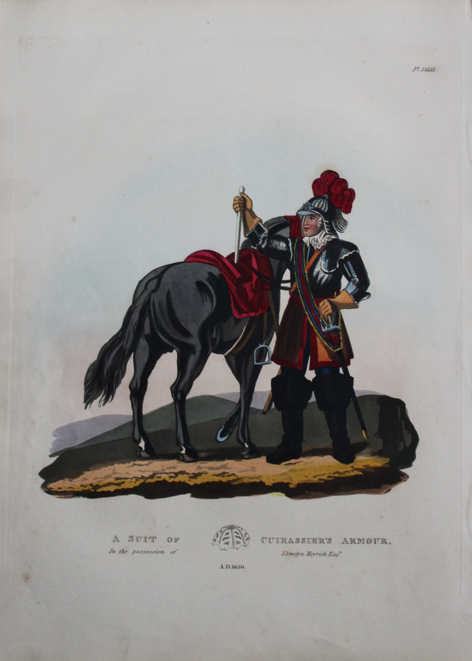 A Suit of Cuirassier's Armour by Samuel Meyrick 1842: This superb hand-coloured engraving of A Suit of Cuirassier's Armour by Samuel Meyrick 1842 from the 1842 enlarged folio edition of A Critical Inquiry into Antient Armour, as it existed in Europe, par