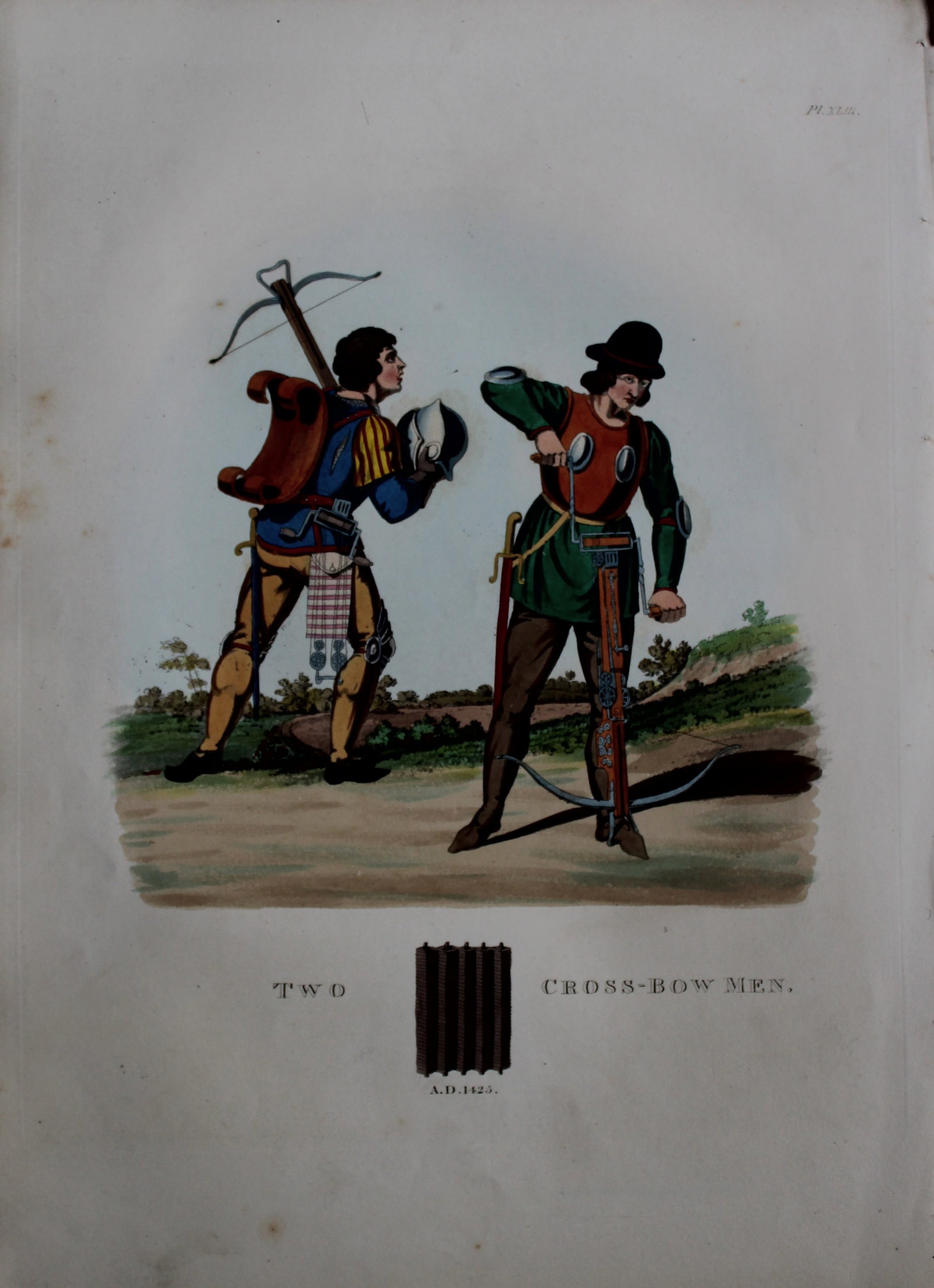 Two Crossbow Men by Samuel Meyrick 1842: This superb hand-coloured engraving of Two Crossbow Men by Samuel Meyrick 1842 from the 1842 enlarged folio edition of A Critical Inquiry into Antient Armour, as it existed in Europe, particularly in 