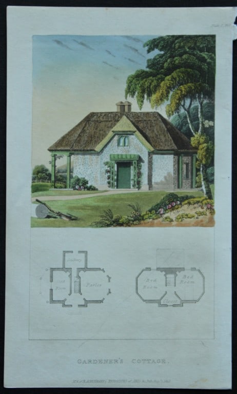 R Ackermann - Hand coloured engraving of Gardener's Cottage and Seats 1816: This original hand coloured aquatint engraving is from Rudolf Ackermann's Repository of Arts, Literature, Fashions, Manufactures etc. Published 1 January 1816, London. Size: 5.4in x 9in (13.8cm x 22.5