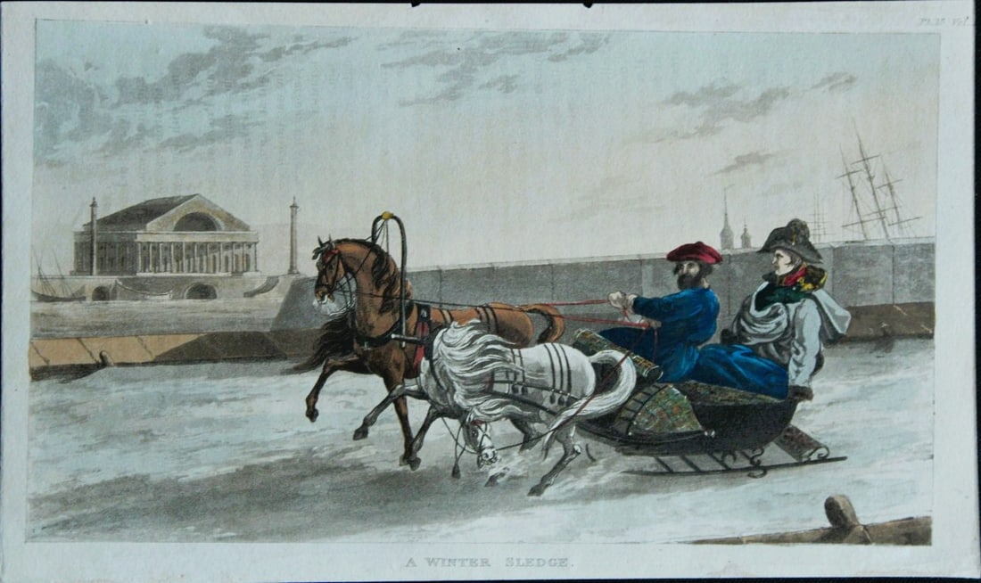 R Ackermann - Hand coloured engraving of a Winter sledge 1816: This original hand coloured aquatint engraving is from Rudolf Ackermann's Repository of Arts, Literature, Fashions, Manufactures etc. Published 1 January 1816, London. Size: 5.4in x 9in (13.8cm x 22.5