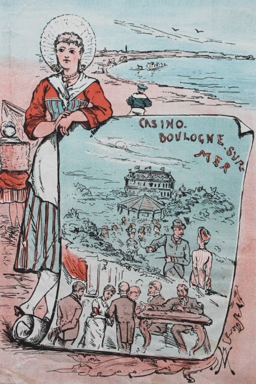Tom Merry political cartoon - Casino Boulogne-sur-Mer 1887: This single page coloured lithograph is from St Stephen?s review by Tom Merry (the pseudonym of William Mecham). Merry was a cartoonist and political satirist who created the centrespread, in colour, 