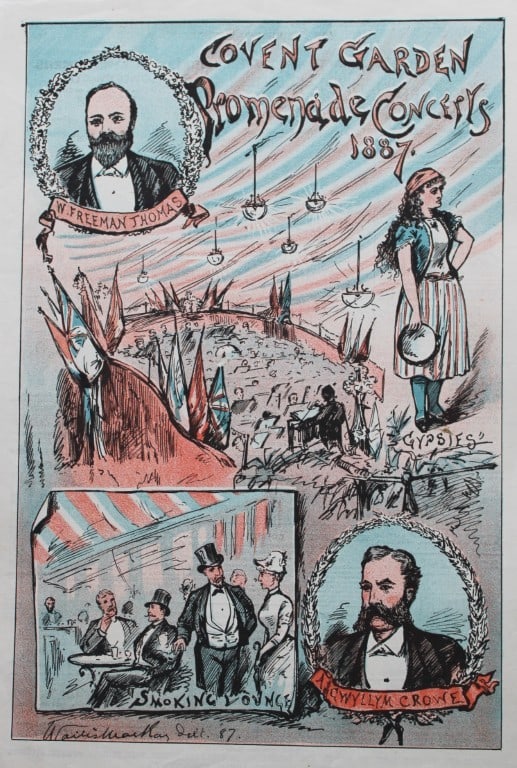 Tom Merry political cartoon - Covent Garden Promenade Concerts 1887: This single page coloured lithograph is from St Stephen?s review by Tom Merry (the pseudonym of William Mecham). Merry was a cartoonist and political satirist who created the centrespread, in colour, 