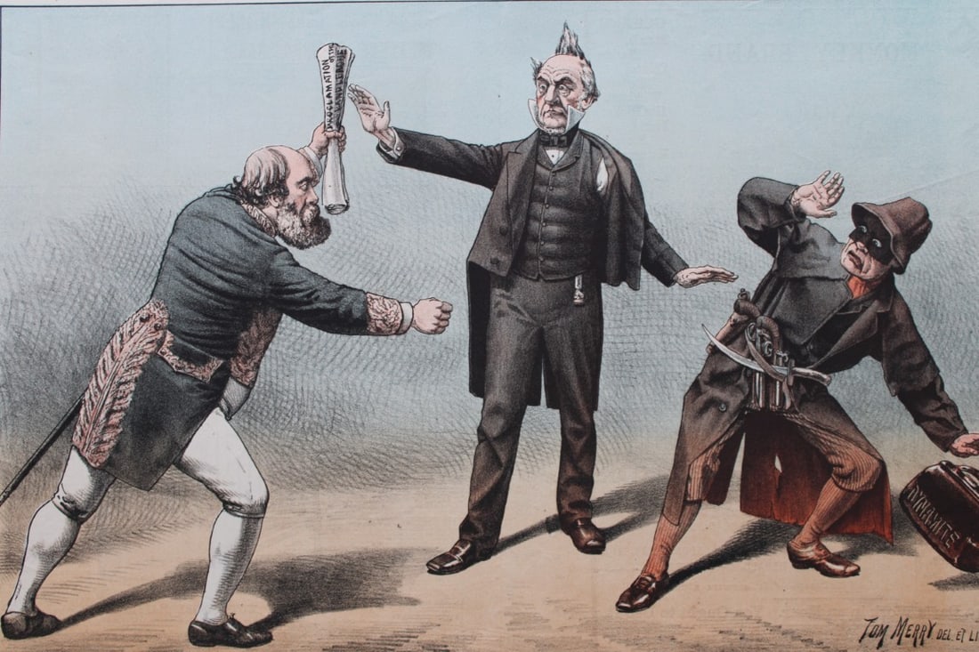 Tom Merry political cartoon - The People's Pecksniff 1887: This single page coloured lithograph is from St Stephen?s review by Tom Merry (the pseudonym of William Mecham). Merry was a cartoonist and political satirist who created the centrespread, in colour, 