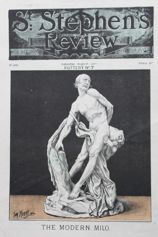 Tom Merry political cartoon - Pottery No. 7 The Modern Milo 1887: This single page coloured lithograph is from St Stephen?s review by Tom Merry (the pseudonym of William Mecham). Merry was a cartoonist and political satirist who created the centrespread, in colour, 