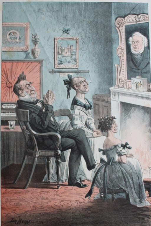 Tom Merry political cartoon - The People's Pecksniff 1887: This single page coloured lithograph is from St Stephen?s review by Tom Merry (the pseudonym of William Mecham). Merry was a cartoonist and political satirist who created the centrespread, in colour, 