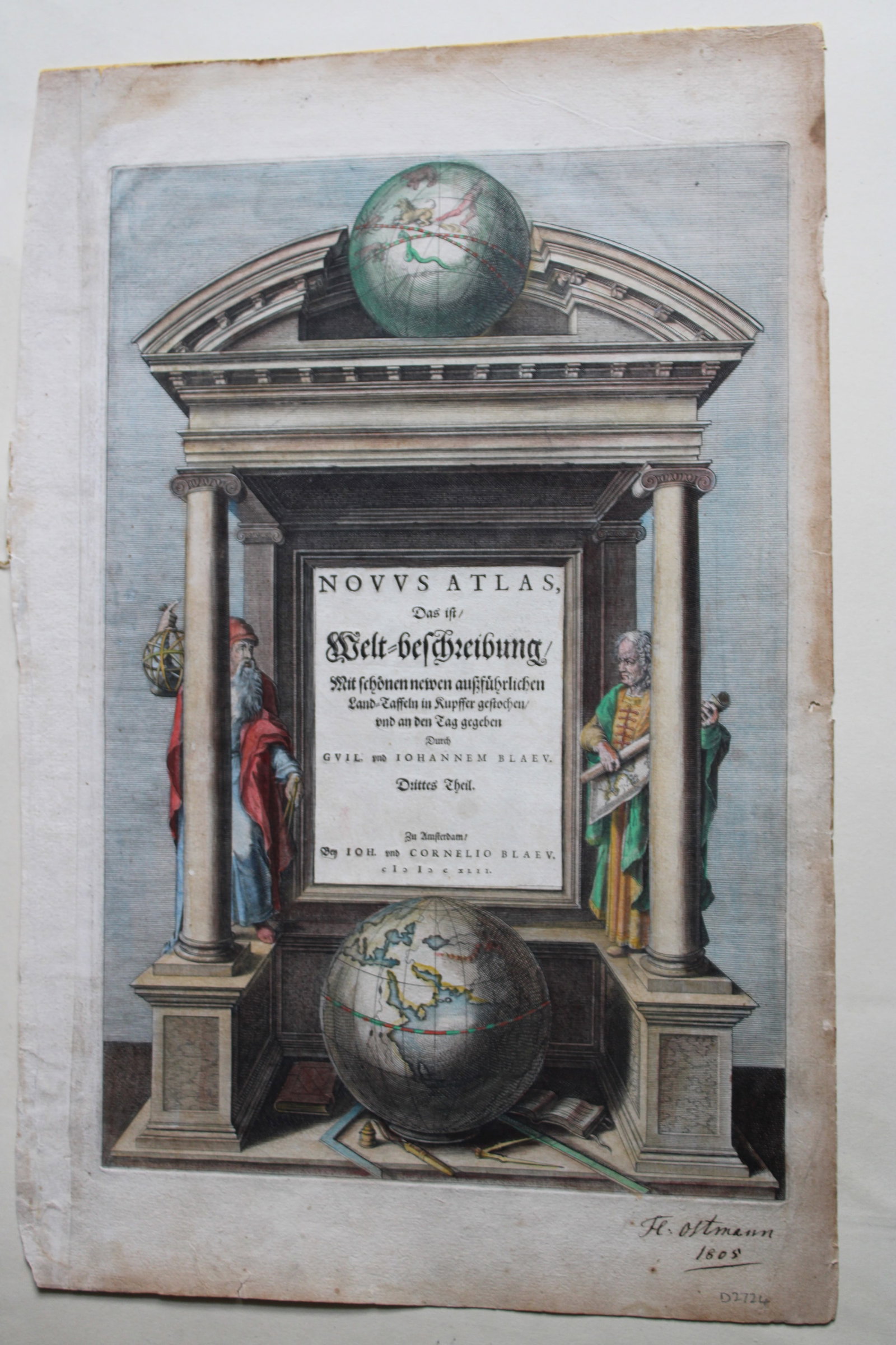 Novus Atlas - title page by Guil & Johannem Blaeu 1642: Novus Atlas das ist Weltbeschreibung mit schonen newen aussfuehrlichen land -taffeln in Rupffer gestochen und an den Tag gegeben durch Guil und Johannem Blaeu. Amsterdam, 1642.Translated as: Novus Atl