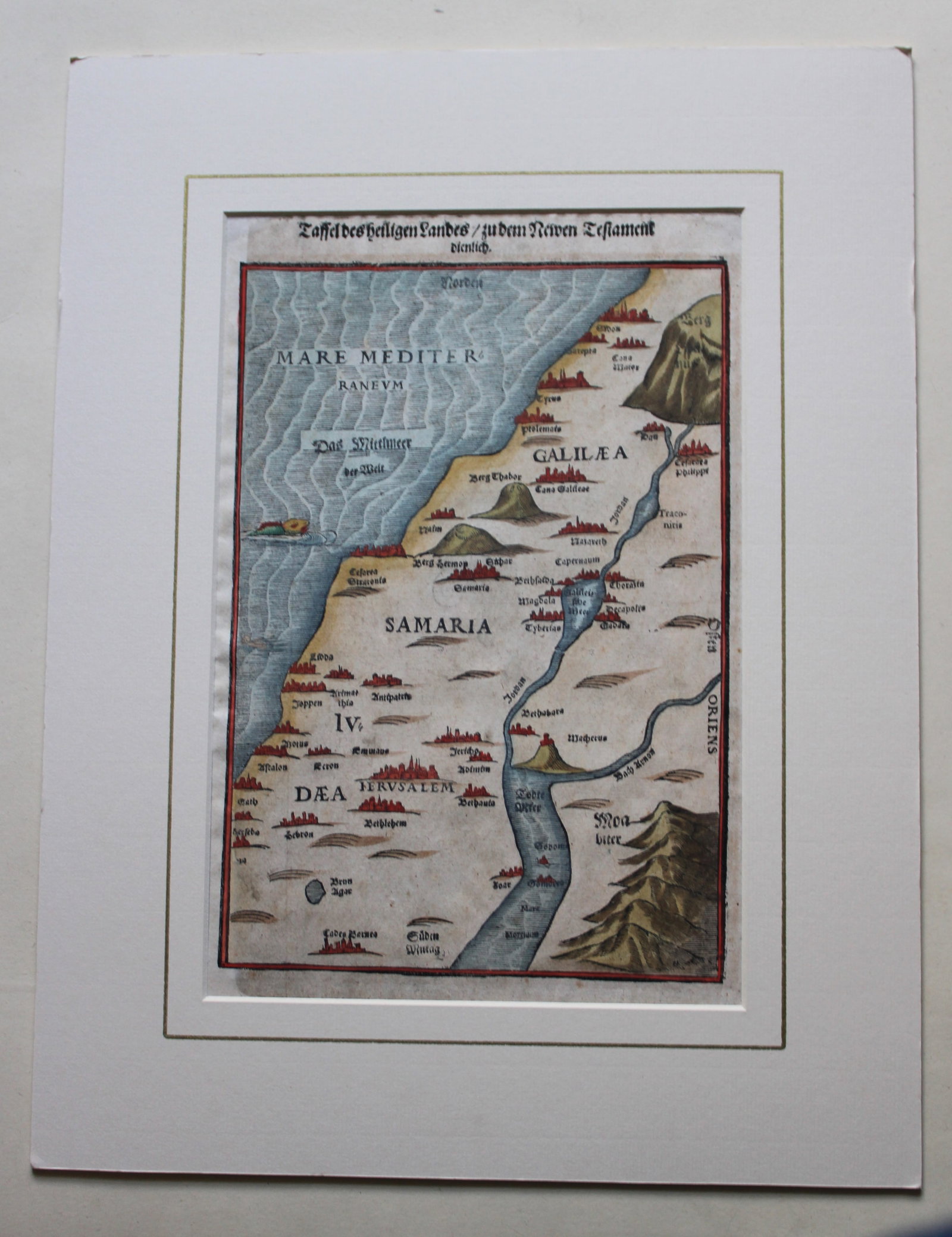 Map of the Holy Land by Heinrich Bunting 1592: Taffel des Heiligen Landes zu dem Newen Testament dienlich, (Tablet of the Holy Land conducive to the New Testament) by Heinrich Bunting, Magdeburg 1582. North oriented woodcut map of the Holy Land, s