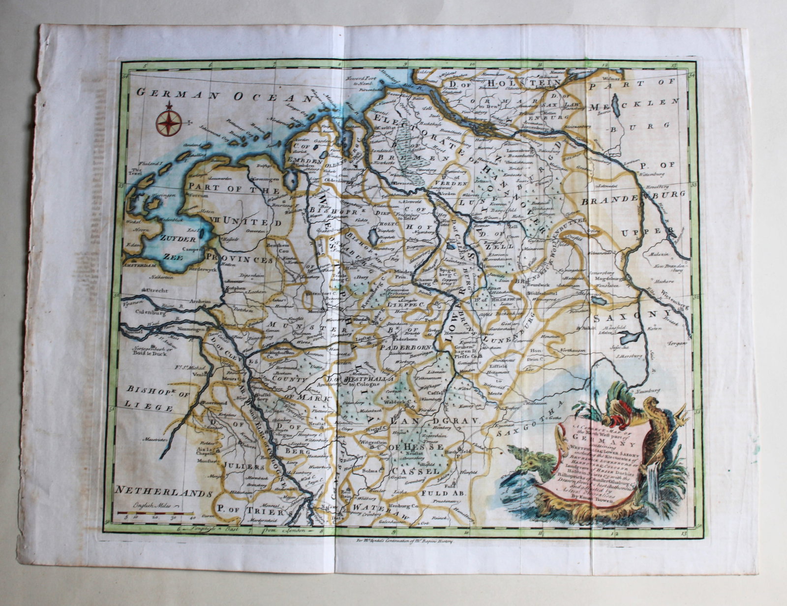 North West Germany by Emanuel Bowen 1744-47: Hand-coloured copper plate engraved map - A New and Correct Map of the North West part of Germany containing Westphalia & Lower Saxony including the Electorates of Brunswick Lunenburg or Nannover & Co