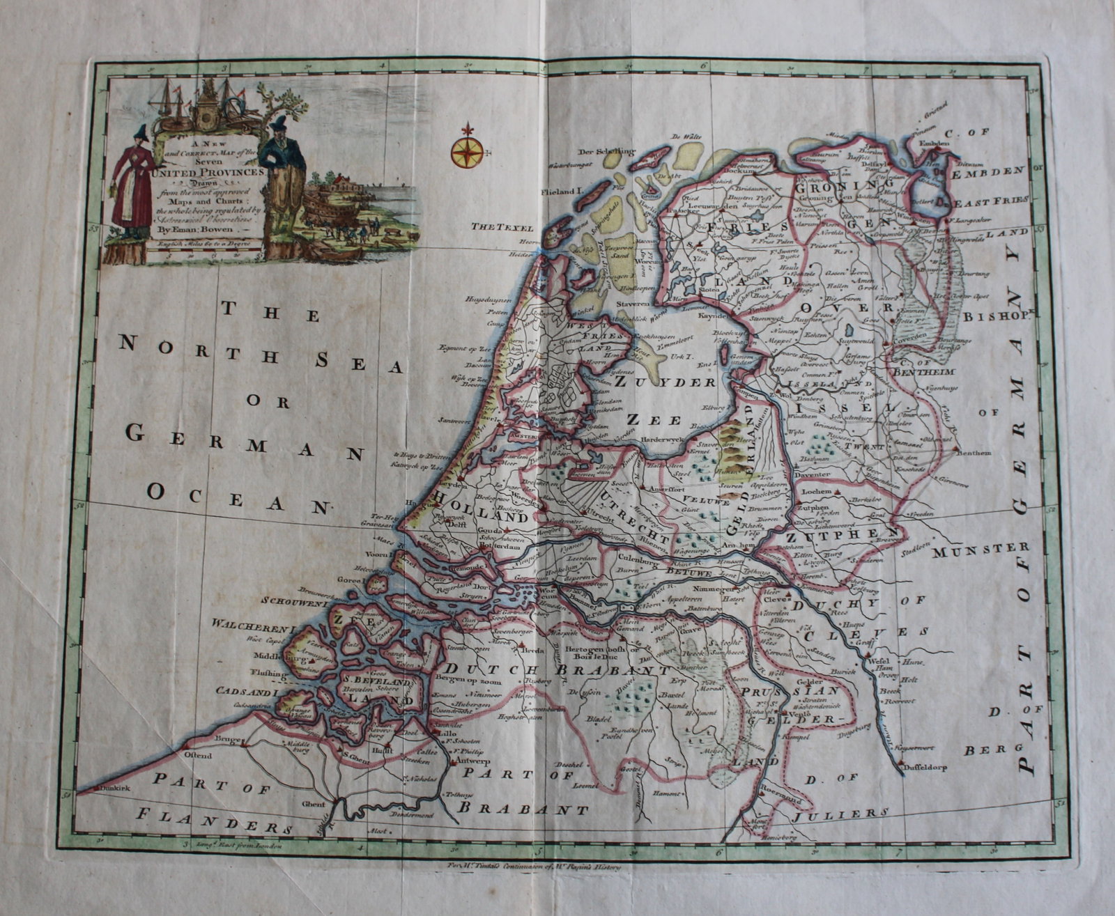 The Seven United Provinces by Emanuel Bowen 1744-47: Hand-coloured copper plate engraved map - A New and Correct Map of the Seven United Provinces. Drawn from the most approved maps and charts: the whole being regulated by Astronomical Observations by E