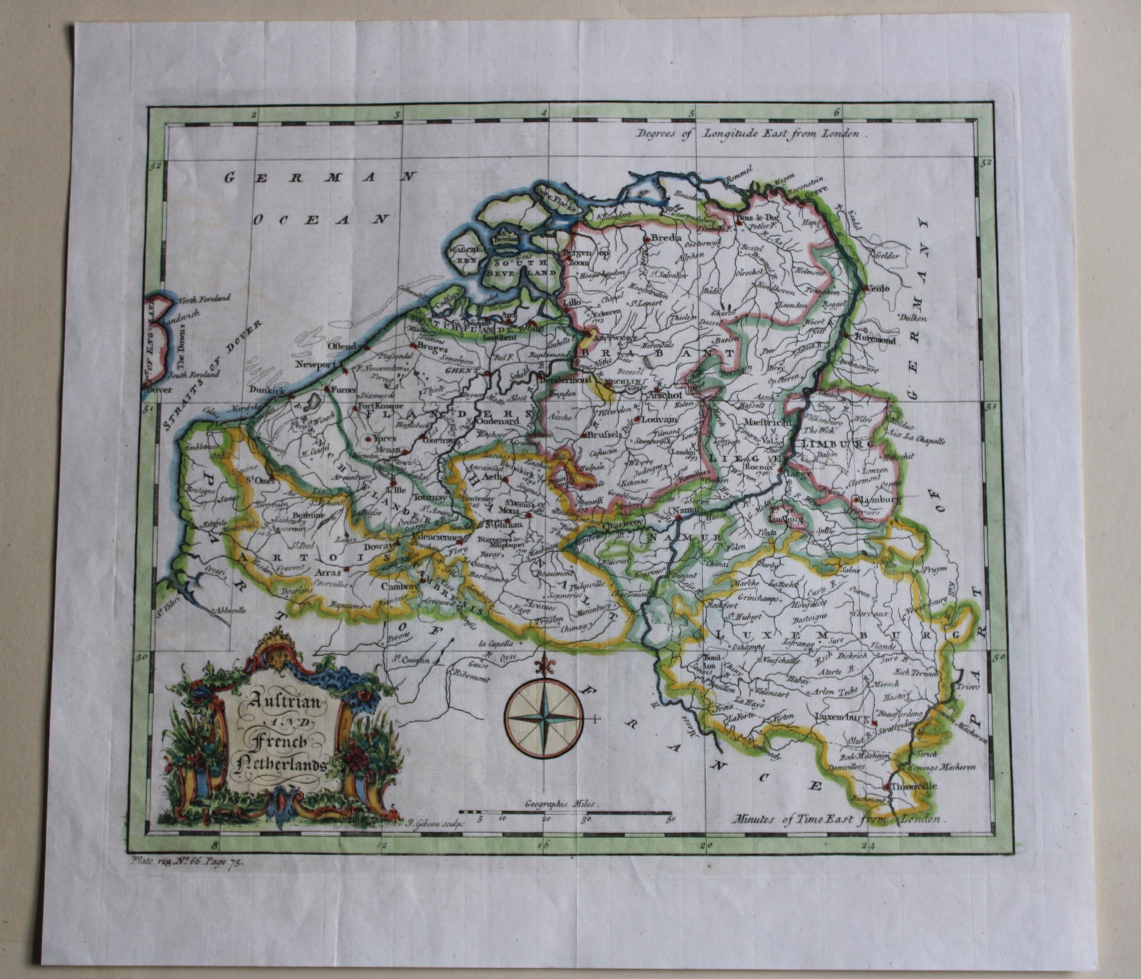 Austrian & French Netherlands by John Gibson 1753: A rare hand-coloured copper engraved map of the Austrian and French Netherlands. Published for Richard Baldwin, London 1753. The map was engraved by John Gibson, who was a talented engraver, draughtsm
