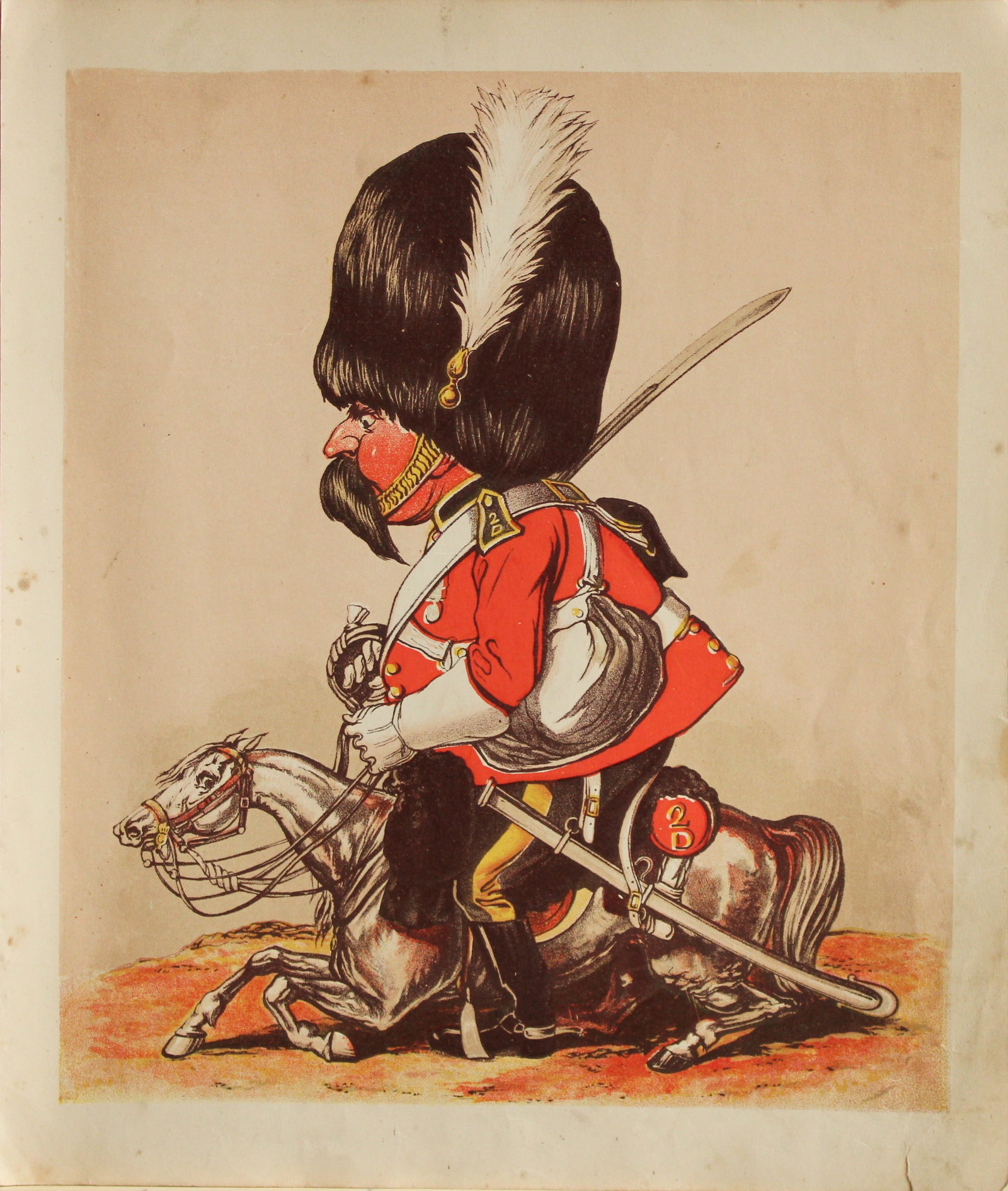 Capt. Seccombe - Engraving of The Dragoon 1870: This engraving is from Army and Navy Drolleries by Captain Seccombe, with alphabetical descriptions, and illustrations from designs by the author, printed in colours by Bronheim.Published by London : 