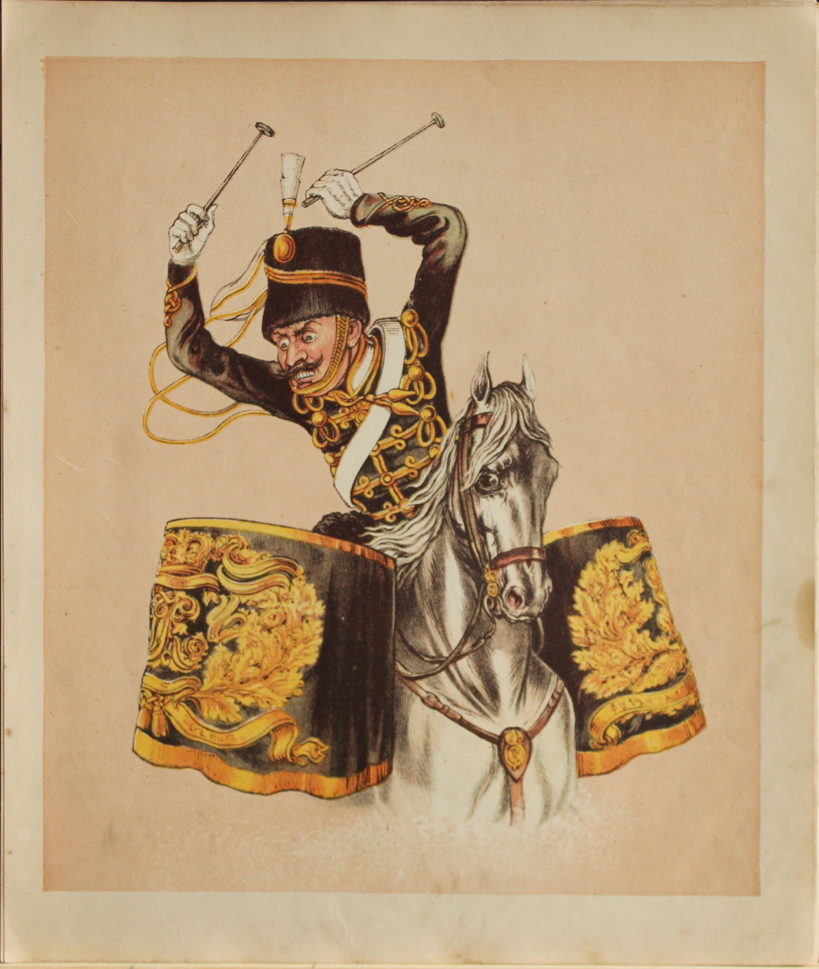 Capt. Seccombe - Engraving of Kettledrums 1870: This engraving is from Army and Navy Drolleries by Captain Seccombe, with alphabetical descriptions, and illustrations from designs by the author, printed in colours by Bronheim.Published by London : 