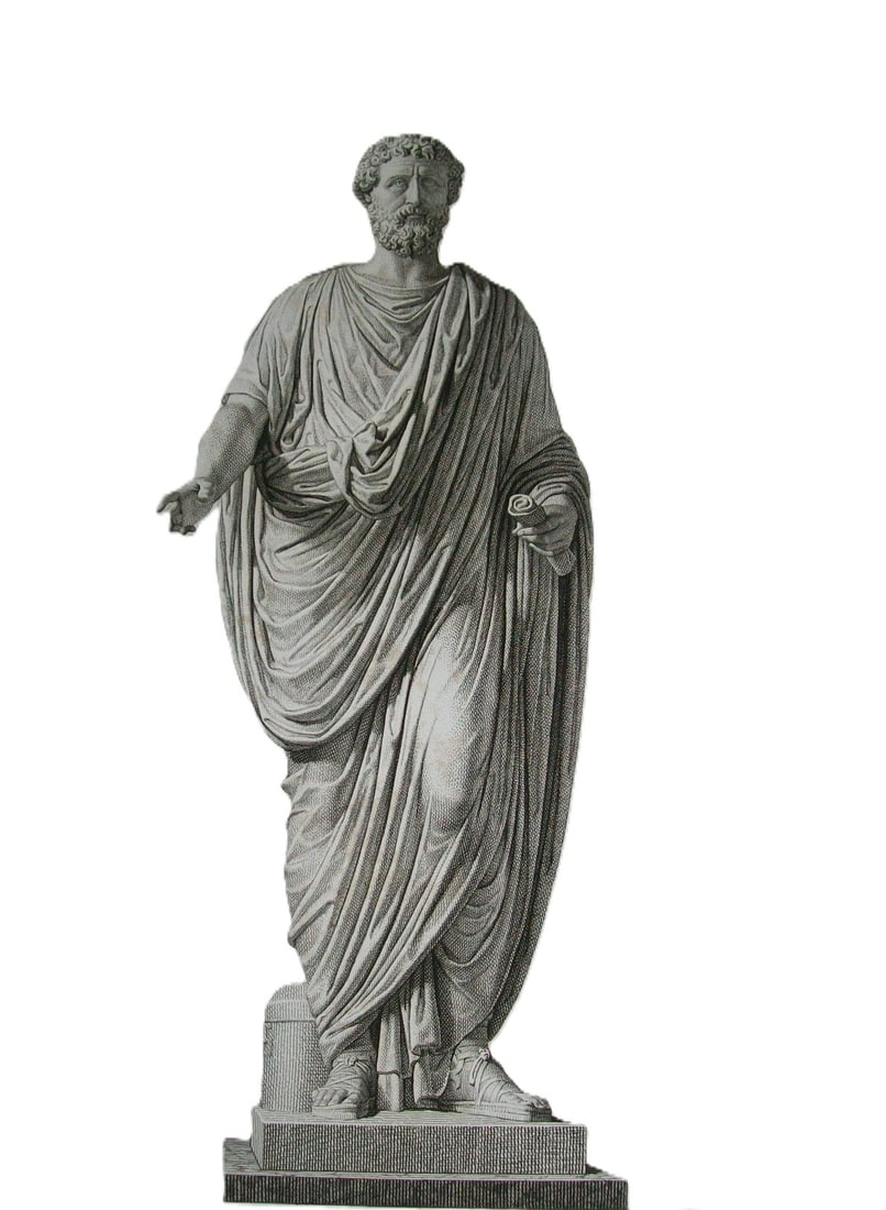 Pierre Bouillon - Rare engraving of the Emperor Didius Julianus 1811: This rare copperplate engraving of an ancient sculpture of the Roman Emperor Marcus Didius Salvius Julianus Severus by Pierre Bouillon from Le Musee des Antiques. Published in Paris between 1811-1827.
