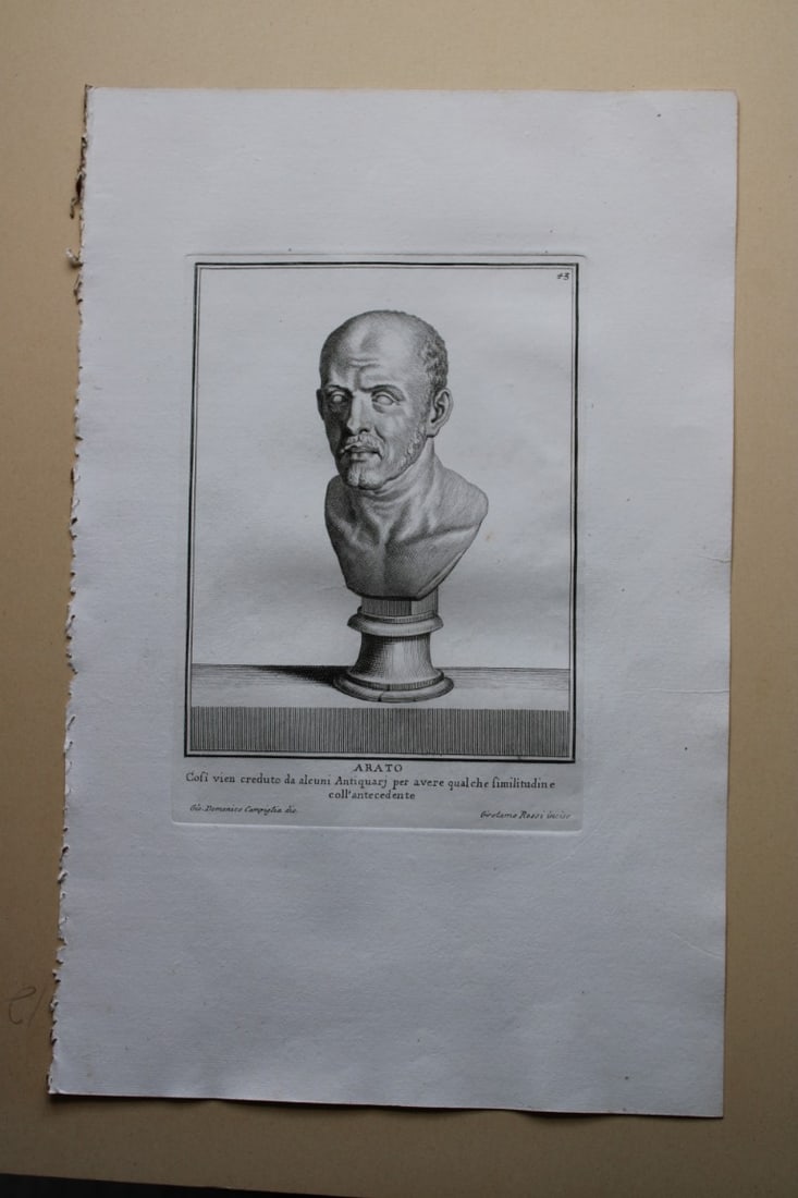 Giovanni Campiglia- Bust of Arato 2 by Girolami Rossi 1741: This engraving is from Del Museo Capitolino, Tomo I, Contente Immagi D'vomini illusti by Giovanni Bottari. Rome: si vente alla Calcografia Cambrale al Piede di Marmo 1741, Title translates as: Of the 