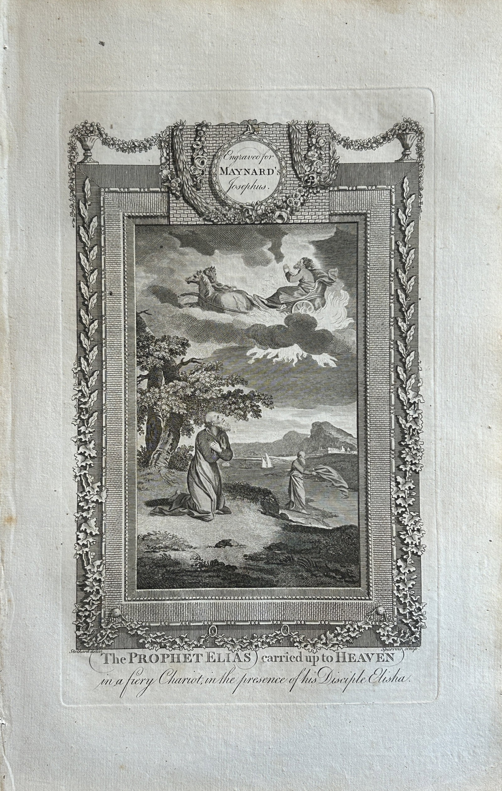 Stothard - Prophet Elias going to Heaven engraved by Sparrow 1785: This copper plate engraving is from The Genuine and Complete Works of Flavius Josephus by George Henry Maynard. Printed for J. Cooke, London 1785.The beautiful copper plates for this work were from or