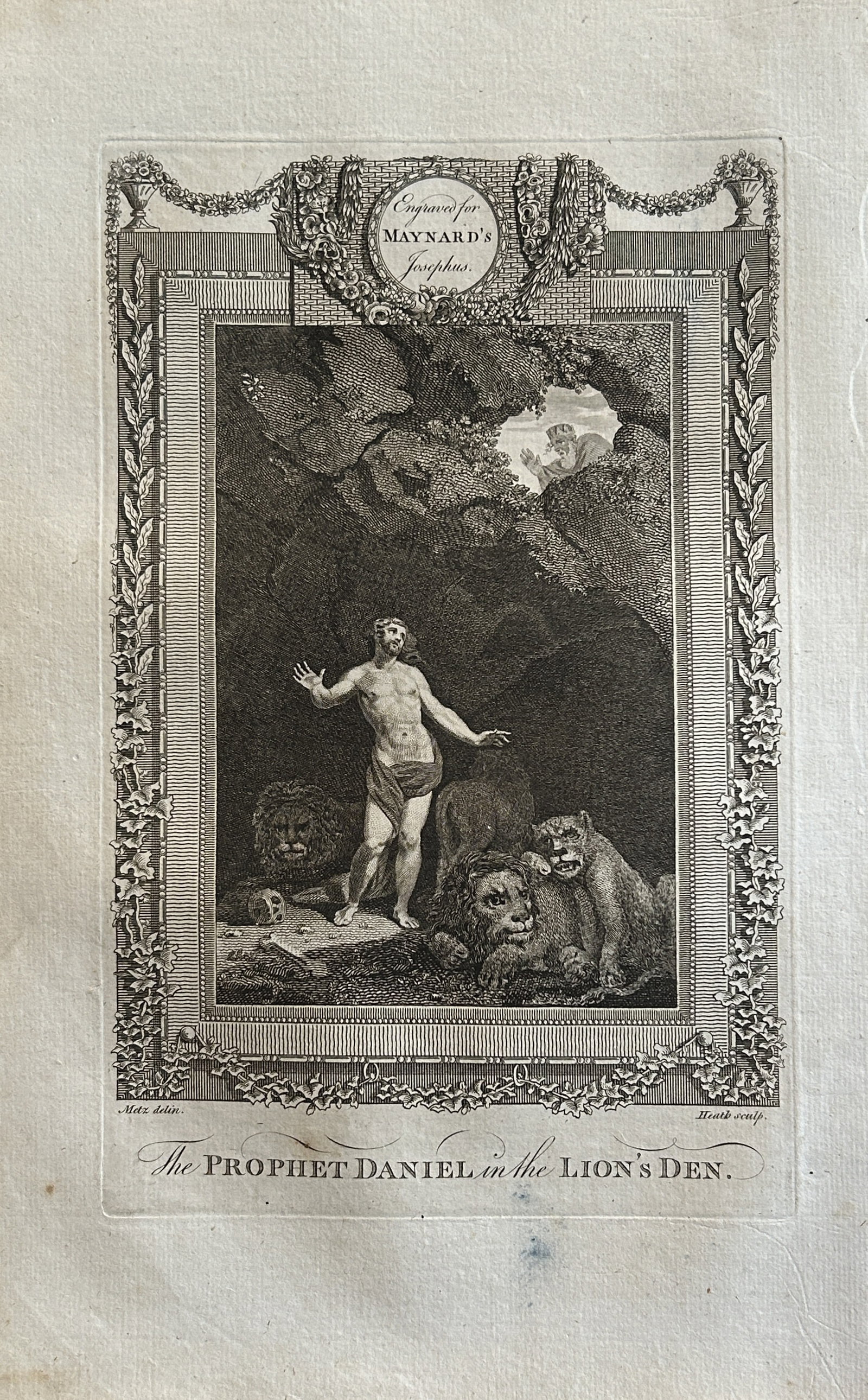 Metz - Daniel in the Lion's Den engraved by Heath 1785: This copper plate engraving is from The Genuine and Complete Works of Flavius Josephus by George Henry Maynard. Printed for J. Cooke, London 1785.The beautiful copper plates for this work were from or