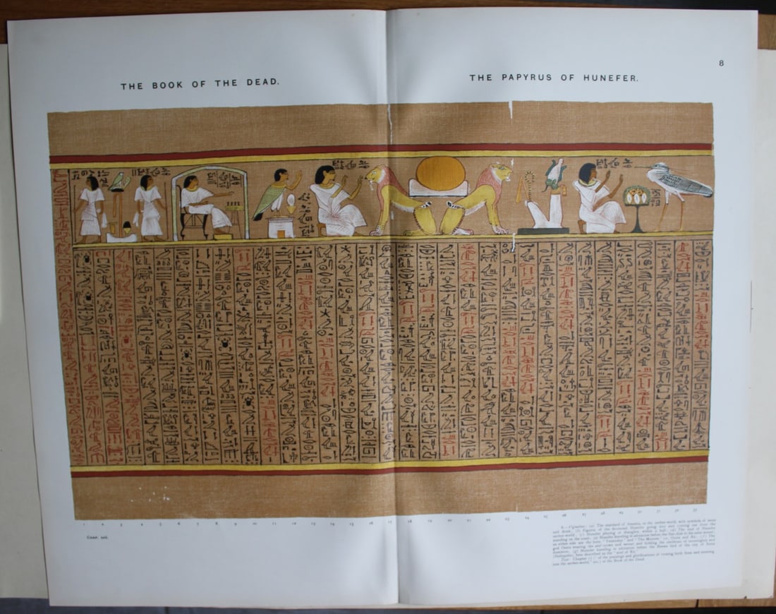 Papyrus of Hunefer from the Book of the Dead 1899: This large chromolithograph print is from E.A. Wallis Budge?s The Book of the Dead - Facsimiles of the Hunefer, Anhai, Kerasher, Nu and Netchemet Papyri. Published by The British Museum and others in 